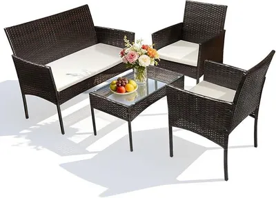 Produktbild von Polyrattan Sitzgruppe Set, Balkonmöbel Wetterfest, Gartenmöbel Set mit Sofa, Singlestühle, Tisch und Sitzkissen, Lounge-Set, Terrassenmöbel für Balkon, Terrasse (Braun)
