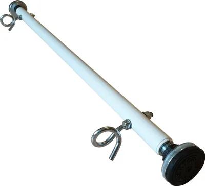 A white bar with metal attachments and a rubber foot, isolated on a white background.