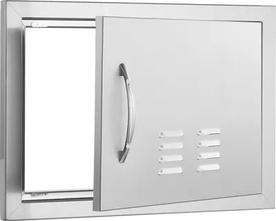 Produktbild von SucceBuy BBQ-Zugangstür, 508 x 356 mm, einzelne Außenküchentür. Unterputzmontage aus Edelstahl. Vertikale Wandmontage mit Griff und Belüftungsöffnungen für Grillinsel und Grillstation