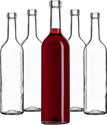 Five glass bottles are arranged in a row against a white background. One bottle in the center is filled with a dark red liquid, while the other four are empty and transparent.