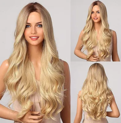 Produktbild von 70 cm Lange Blonde Welligkeit Perücken für Frauen, Naturhaar Synthetik mit Mittelteil Vollperücken Täglich und Partygebrauch