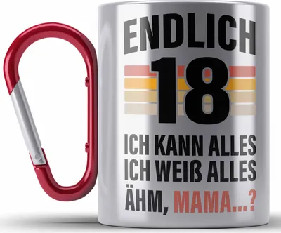 Produktbild von Trendation - 18. Geburtstag Junge Mädchen Edelstahl Tasse Karabiner 18 Jahre alt Sohn Tochter Geschenkidee (Rot)