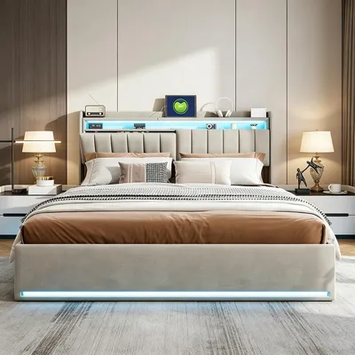 Immagine prodotto di Letto con rete a molle INONEFT, dimensioni 160x200, con LED e USB, struttura imbottita con spazio contenitore, sistema di sollevamento idraulico, rivestito in velluto, colore grigio.