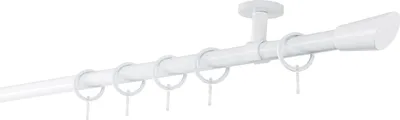 A white curtain rod with rings and a ceiling mount.