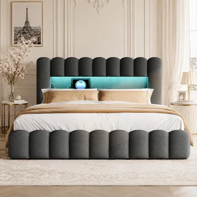 Immagine prodotto di Letto imbottito INONEFT 160x200 cm con LED e porta USB di tipo C, letto con struttura a molle e rete a doghe, contenitore integrato, tessuto in lino color grigio scuro