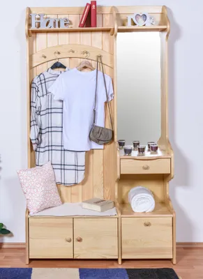 Produktbild von Garderobe Kompakt Massivholz Natur 200 cm hoch, 114 cm breit, 37 cm tief