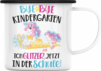 Produktbild von Trendation - Bye Bye Kindergarten Einschulung Mädchen Geschenk Emaille Tasse Schulstart 1. Schultag Schuleinführung Schulanfang Geschenkidee 2022 Schulkind (Schwarz)