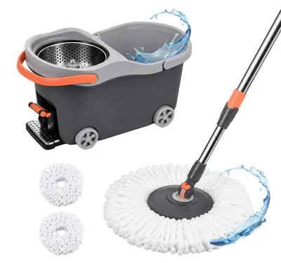 Productafbeelding van Relaxdays Wischset, 16 liter emmer en centrifuge, dweilwagen met pedaal, afmetingen: 29,5 x 30 x 50 cm, 2 microvezel dweilkoppen, grijs