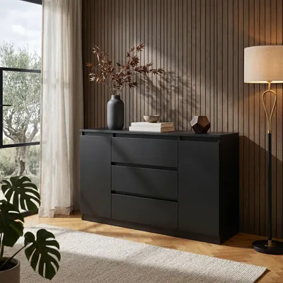 Produktbild von Masseno Kommode NUDO 138,5 cm Sideboard mit 3 Schubladen und 2 Türen für Wohnzimmer Schlafzimmer Modern 138,5x39x78,2 cm Schwarz / Schwarz