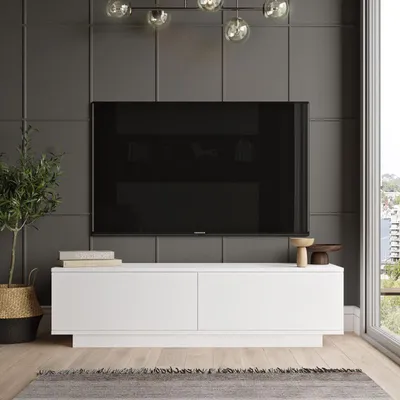 Image de Meuble TV Banc télévision en bois MDF mélaminé blanc L 140 cm