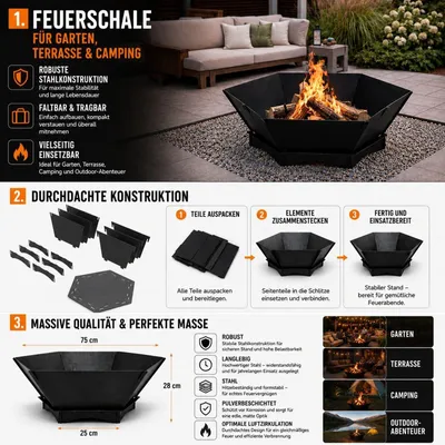 Obrázek produktu pro QLS ohniště 75 x 75 cm XXL – skládací ocelové ohniště do zahrady, černé 11486