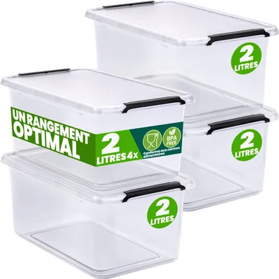 Image de DEUBA® 4x Boîte de rangement 2L en plastique transparent empilable sans BPA gain de place caisse de rangement organiseur