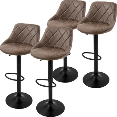 Four brown bar stools with black bases are arranged in a group on a white background.