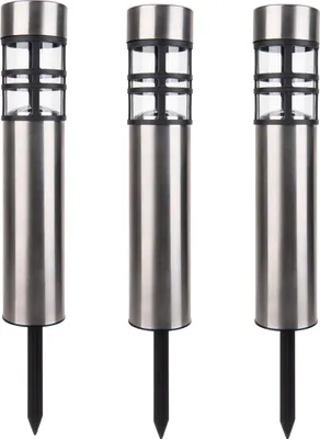 Produktbild von Näve Leuchten 3er-Set Solar-/Dekoerdspieß "BOBBY" H: 42cm 3er-Set Solar-/Dekoerdspieß "BOBBY" H: 42cm 3er-Set Solar-/Dekoerdspieß "BOBBY" H: 42cm, Lampe für den Außenbereich im Modern-Style, aus Metall und Kunststoff in stahl-blank, 42 cm hoch, Ø 6,2 cm, LED Platine – mit Schiebeschalter – Dämmerungssensor