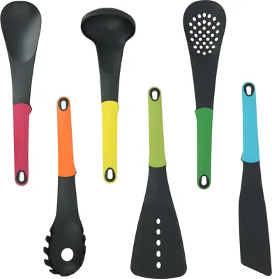 A collection of kitchen utensils arranged on a white background.