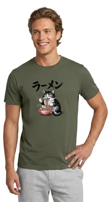 Produktbild von Spreadshirt Ramen Katze | Flauschige Katze Mit Nudelsuppe Männer T-Shirt, M, Militärgrün