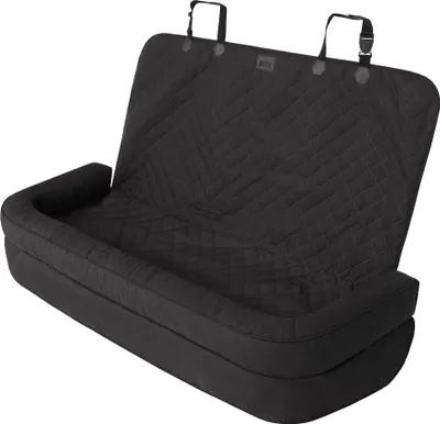 A black quilted dog car seat cover is shown from a slightly elevated front-side angle.