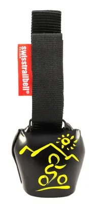 Produktbild von swisstrailbell® Deep Black mit gelbem MTB, Trailbell, Bear Bell, Fahrradklingel