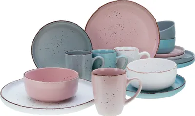 A collection of ceramic dishes and mugs in various pastel colors, arranged on a white background.