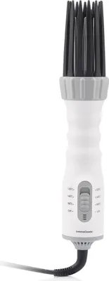 A white and gray hair dryer with a black cord is shown against a white background.