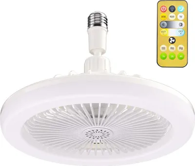 A white ceiling fan light with a remote control shown in the upper right corner against a white background.
