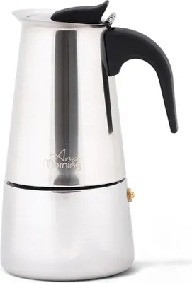 A silver moka pot on a white background.