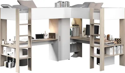 Produktbild von ALEXANDRA kombiniertes Mezzanine-Doppelbett für Kinder mit 2 Schreibtischen und Stauraum – 2x90x200 cm – Weiß/Eiche – Boxspringbetten inklusive – PARISOT