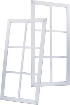 Two white wooden window frames are shown against a white background. One frame is slightly behind and to the right of the other.