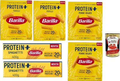 Produktbild von Barilla Protein +, Testpaket, High protein, Italienische Hartweizennudeln, 6 Packungen à 400g, Pasta aus 100% italienischem Hartweizen, + Italian Gourmet polpa 400g