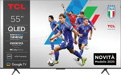 A television screen displaying a soccer match with Italian team branding and product specifications.