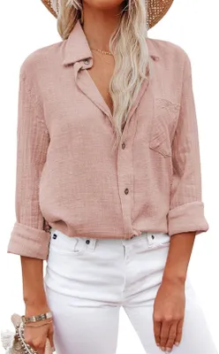 Productafbeelding van Dames Blouse - Lange Mouwen in Lichtroze Viscose en Linnen