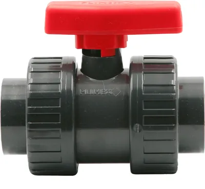 Produktbild von HAF 1x PVC 2 Wege Kugelhahn Roter Griff mit 63mm | Klebemuffe x Klebemuffe | Absperrhahn aus grauem PVC-U | PN16 für PVC Verrohrung, Pool & Teich