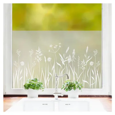 Produktbild von Fensterfolie mit Blumenwiese Motiv, Florale Sichtschutzfolie, Milchglasfolie, Selbstklebende Fensterdeko, Dekoration mit Gräsern