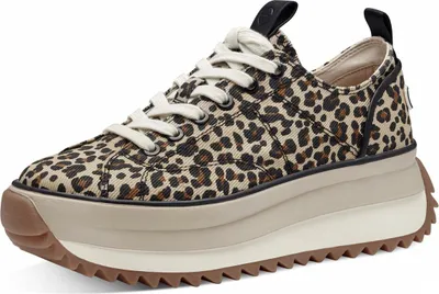 A single beige sneaker with a leopard print pattern is shown from a side-diagonal angle against a white background.