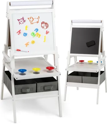 Produktbild von DREAMADE Staffelei für Kinder, doppelseitige Malstation mit magnetischem Whiteboard, Kreidetafel, Papierrolle, Ablagefächern, für 3–10-Jährige(Weiß)