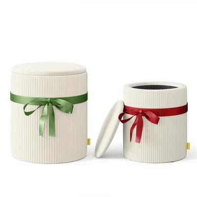 Immagine prodotto di 2 pouf in velluto verde oliva, rotondi con fiocco, morbidi, set di pouf Matroschka