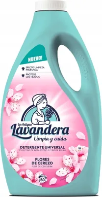 A bottle of liquid laundry detergent with floral imagery.