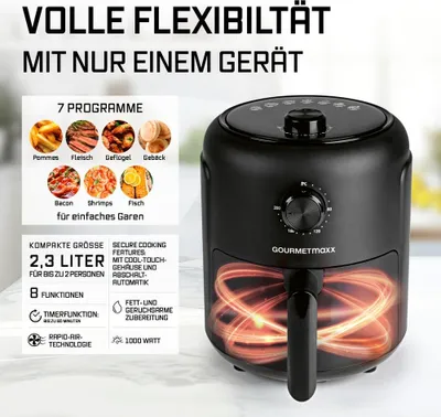 A black air fryer is shown with marketing text and graphics highlighting its features and programs.