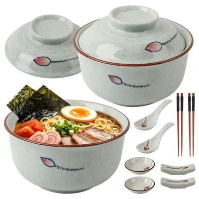 Ramen-Schalen mit Deckel, 12er Set, Keramik, Lotus