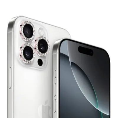 A close-up shot of the back and front of a white iPhone with decorative rings around the camera lenses.