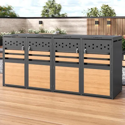 Produktbild von Merax 2er-Set Mülltonnenbox mit hydraulischem Klappdeckel, abschließbar Mülltonnenverkleidung mit Doppeltüren, Holzmaserungspaneele, für Garten und Hof
