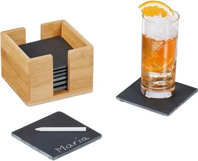 Produktbild von Schieferuntersetzer, 8 Stück, Bambusbox