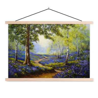 Produktbild von MuchoWow® Textilposter Gemälde - Natur - Wald - Blumen - Ölfarbe 120x80 cm mit holzfarbenen Rahmen - Aufhängeset