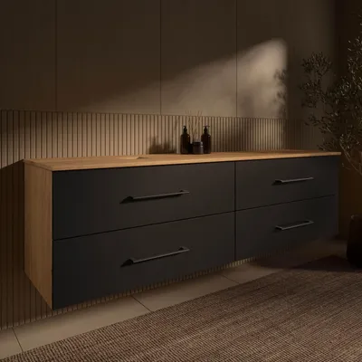 Produktbild von Planetmöbel LUX Waschtischunterschrank 180 cm hängend ohne Aufsatz-Waschbecken Gold Eiche/Anthrazit