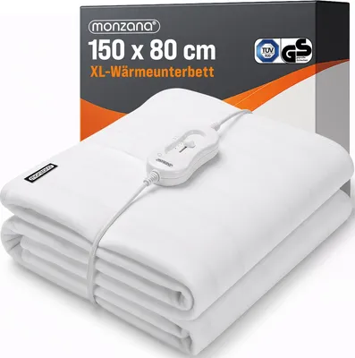A folded white electric blanket with a controller is shown in front of its packaging.