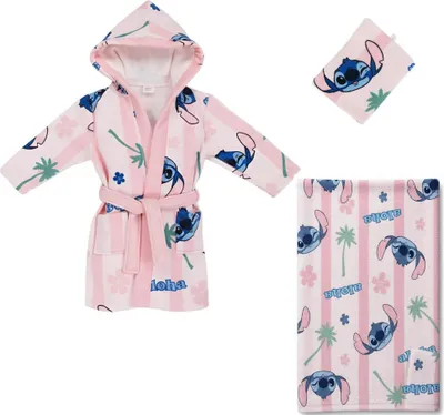 Produktbild von Disney Stitch Kinder Mädchen 3 tlg Set Bademantel Handtuch Handschuh Gr. 98 -128 – Rosa / 98/104