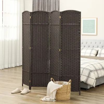 Produktbild von SUGIFT Paravent aus Kiefernholz, Raumteiler 4-teilig, faltbare Trennwand mit Polypropylen-Gewebe, Braun  |  handgewebter Stil  |  5,2 kg  |  160 x 170 cm