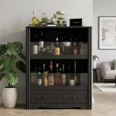 Produktbild von Vitrine mit Glasfront, Weinschrank mit 2 Schubladen, Transparentem Schutzglas und Stauraum, Schwarz, MDF + Glas, 80 x 50 x 100 cm