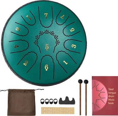A teal steel tongue drum with gold numbering and accessories laid out on a white background.