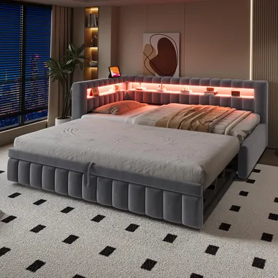 Imagen del producto de okwish: Cama tapizada de 90x200 con iluminación LED, cama abatible con cama extraíble, cama de matrimonio con diseño clásico a rayas, cama de madera con puerto USB, color gris, sin colchón